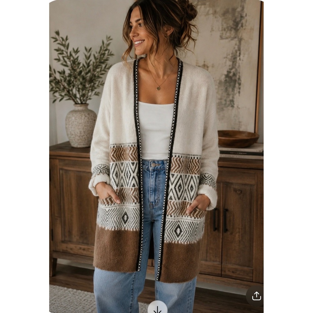 Autumn Skye Hooded Cardigan Sweater Geometric Southwestern Eyelash Knit Cream L
